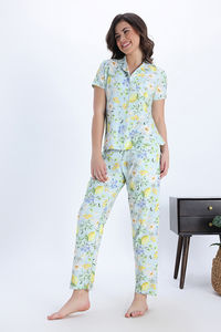 Zivame Citrus Summer Knit Poly Pyjama Set - Pale Blue — thumbnail 6
